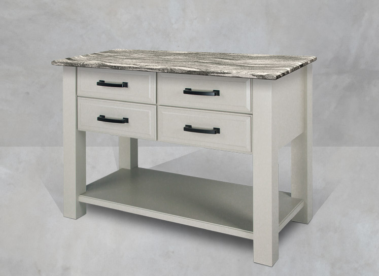 Island Work Table Four Drawer, Open Shelf Vanity