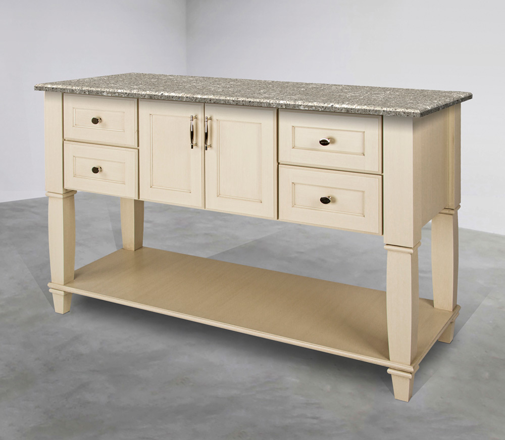 Vanity Console, Four Drawer, Butt Doors and Open Shelf